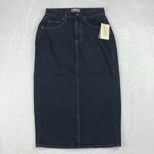 NWT Universal Thread Denim Midi Skirt 00 High Rise Dark Wash 25" Waist Back Slit